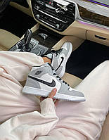 Зимние женские кроссовки Nike Air Jordan 1 Серые Кожаные на меху Люкс
