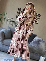Халат махровий жіночий Довгий з капюшоном м'який теплий пухнастий домашній Бежевий котики для дому для 0557