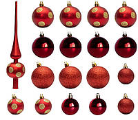 Набор елочных шаров с верхушкой в коробке в форме елки, 18 шт, D5-6 см, красный, пластик (030811-3)