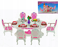 Лялькова меблі Gloria Їдальня 2612 в комплекті круглий стіл 4 стільці посуд ваза з квіткою продукти