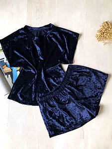 Жіноча велюрова піжама футболка та шорти темно-синя