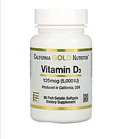 Вітамін Д3 для дорослих у желатинових капсулах, D3 (5000 МЕ), California Gold Nutrition, 90 м'яких таблеток