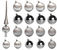 Набор елочных игрушек шары с верхушкой в коробке формы елки, 18 шт, D5-6 см, серебристый, пластик