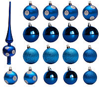 Набор елочных игрушек шары с верхушкой в коробке в форме елки, 18 шт, D5-6 см, синий, пластик