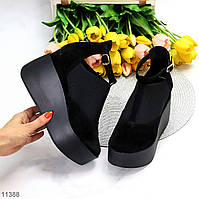 Модельные черные замшевые женские туфли натуральная замша на платформе танкетке