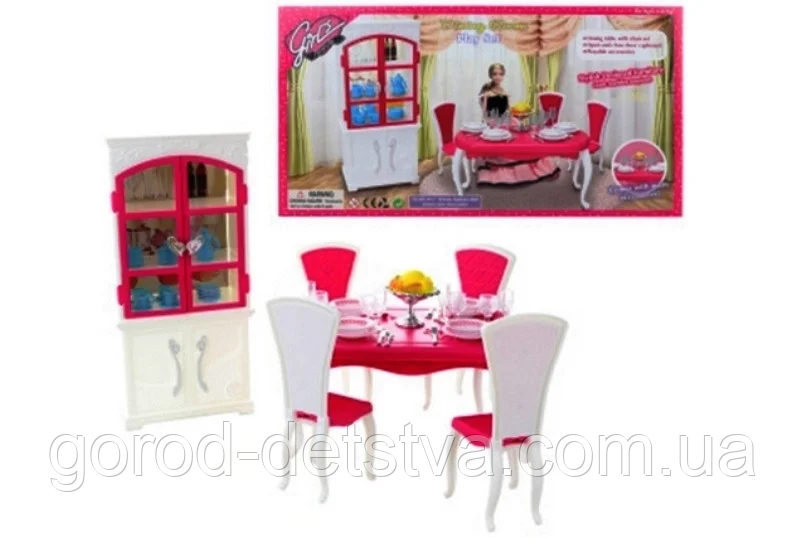 Лялькова меблі Gloria Ресторан 3012 в комплекті сервант стіл 4 стільці посуд прилади