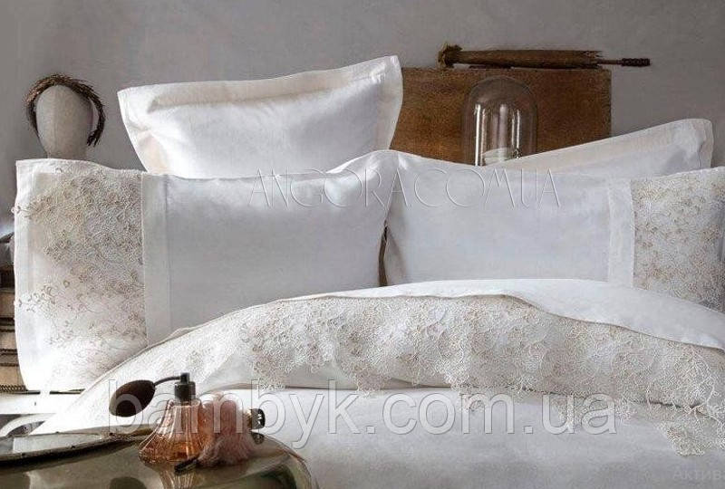 Елітна постільна білизна сатин з мереживом Pupilla євророзмір "Venedik Ekru"