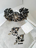 Женский набор украшений - черная корона и серьги, ручная работа