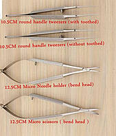 4 шт. / Компл. Офтальмологічні мікрохірургічні інструменти, ножиці 12,5 см + голкотримачі + пінцет.