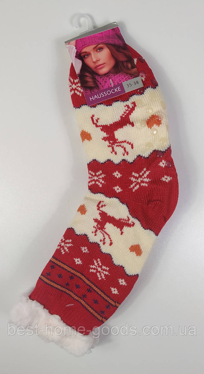 Шкарпетки жіночі флісові теплі | домашні | з антиковзними вставками | розміри 35–38 та 39–41 | узори олені | кольори червоний, фото 1