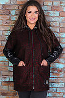 Утепленная женская куртка из пальтовой ткани (Букле) и вставок их эко-кожи, свободный покрой 50, Бордовый