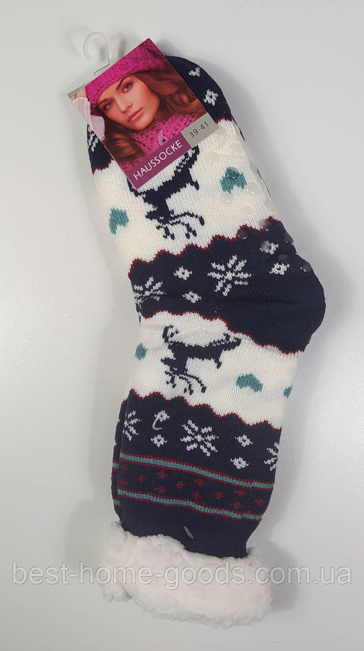 Шкарпетки флісові жіночі теплі на хутрі | домашні | з антиковзними вставками | розміри 35–38 та 39–41 | узори синьо-білий та олені, фото 1
