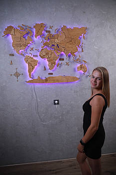 Дерев'яна карта світу на стіну з led RGB-підсвіткою на акрилі 3д