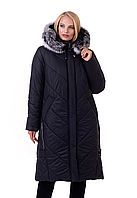 Модное зимнее чёрное пальто с натуральным мехом песца батал с 52 по 70 размер