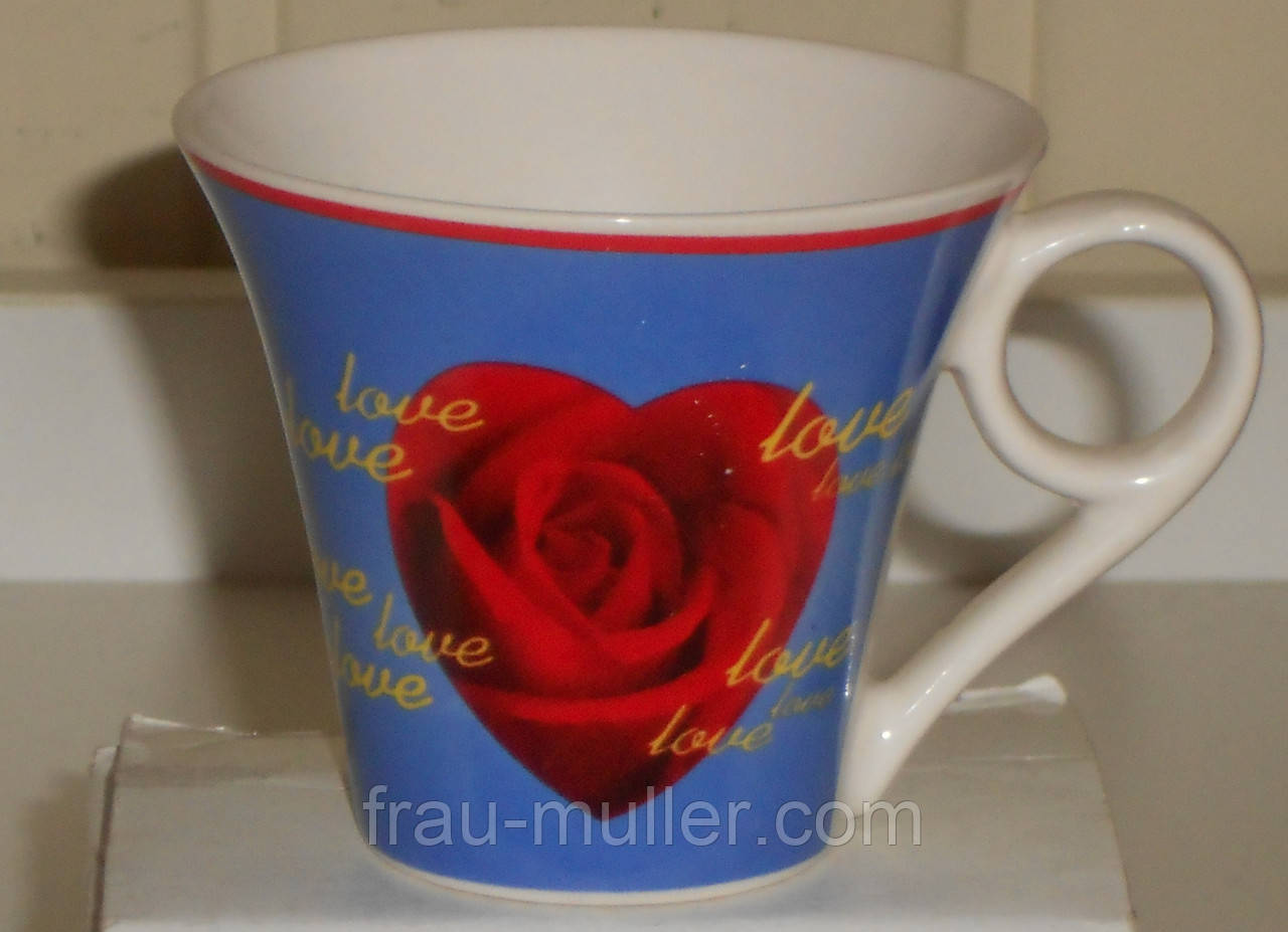 Порцеляновий блакитна чашка з написами LOVE і трояндою в сердечку Gold Prestije