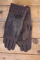 Женские зимние перчатки стрейч+вязка коричневые