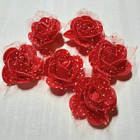 Троянда червона з фоамирана  з фатином 3,5 см(6 шт)