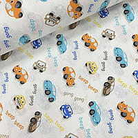 Ткань поплин (ТУРЦИЯ шир. 2,4 м) машинки оранжево-сине-коричневые "beep" на белом (R-W-0204)