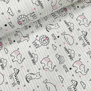 Тканина поплін намальовані тварини з чорно-рожевими зірочками на смужці (ТУРЦІЯ шир. 2,4 м) (R-S-0445)