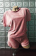 Піжама жіноча плюшева V.Velika футболка та шорти рубчик XL рожевий (2021-3)