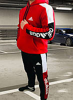 Тёплый спортивный костюм на флисе Adidas. Зимний спортивный костюм Adidas красный.Утепленный спортивный костюм