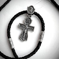 Серебряный крестик и шнурок со вставками из серебра 925 пробы с чернением 846/4+Кр0181