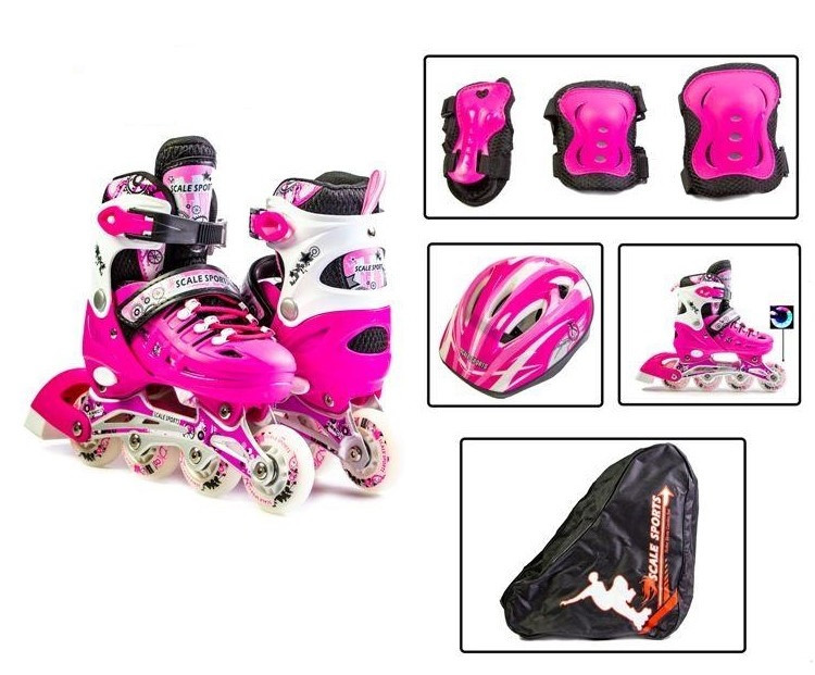 Дитячі розсувні ролики 29-33 з комплектом захисту та шоломом Scale Sports Pink підсвічування переднього колеса