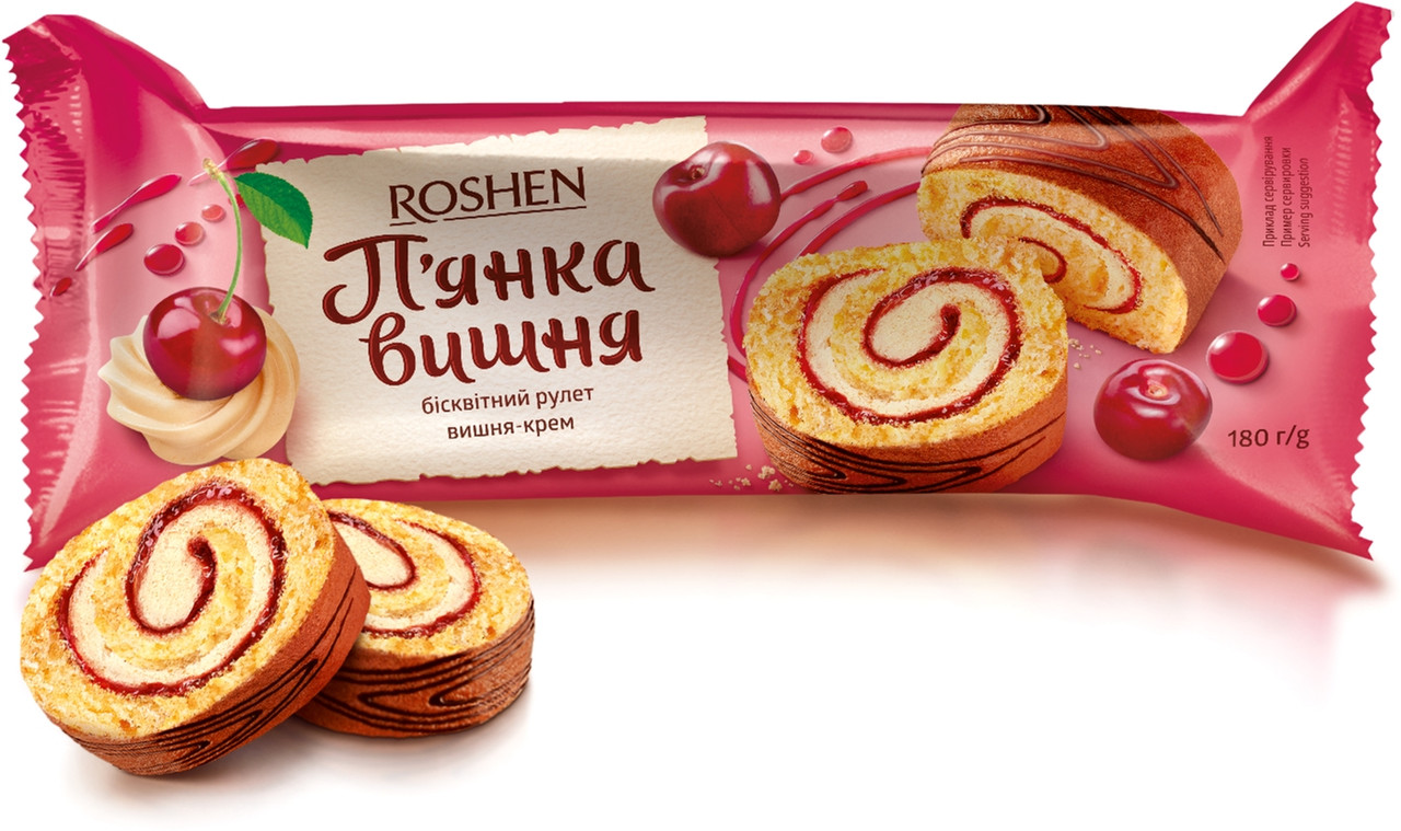 Рошен Рулет П'яна вишня бісквітний зі смаком вишні 180 грамів, фото 1