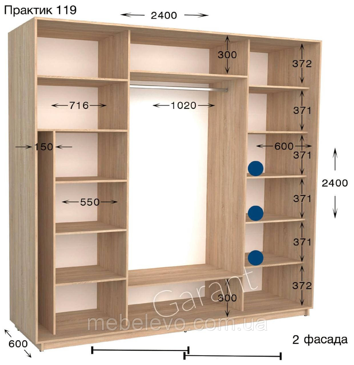 Шафа-купе 2Д Практик №119 V2 240х60/45 h-220/240, ТМ Гарант