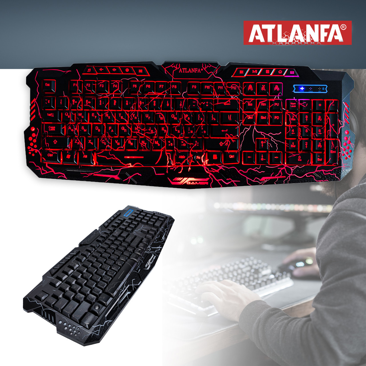 Ігрова клавіатура з підсвічуванням блискавок Wired Tricolor M200 Atlanfa геймерська клавіатура