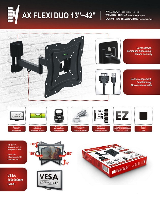 Кронштейн TV OPTICUM AX FLEXI DUO 13"-42" VESA 200x200 крепление для телевизора (LCD, LED) на стену - фото 5 - id-p501205727