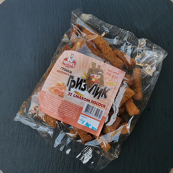 Грінки-цухарики "Гризлик" зі смаками фасування 100 грамів лосось