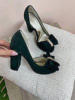 Шикарные женские туфли открытые из натуральной замши темно - зеленые. Красивые зеленые босоножки