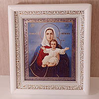 Ікона "Аз єсмь с вамі і ніктоже на ви" Пресвятої Богородиці, лик 15х18 см, у білому дерев'яному кіоті