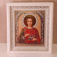 Икона Пантелеймон святой великомученик и целитель, лик 15х18 см, в белом деревянном киоте