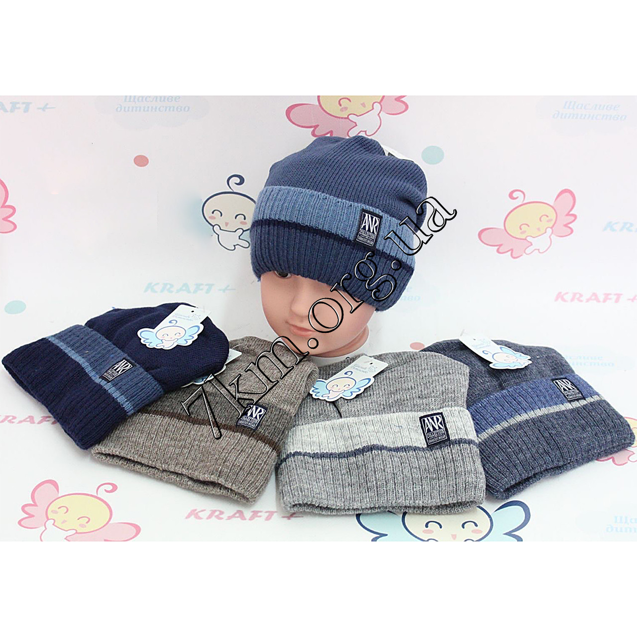 Шапка дитяча в'язка + фліс для хлопчиків 48-50 р. "ANR" Оптом 1743, фото 1
