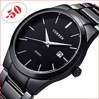 Часы наручные мужские стильные кварцевые часы с черным циферблатом и чёрным стальным ремешком