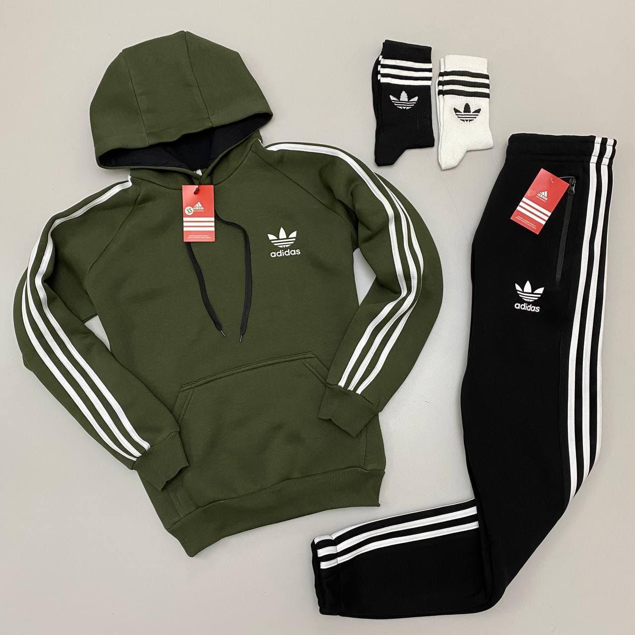 Зимовий чоловічий спортивний костюм теплий Adidas на флісі худі + штани хакі Туреччина. Живе фото, фото 1