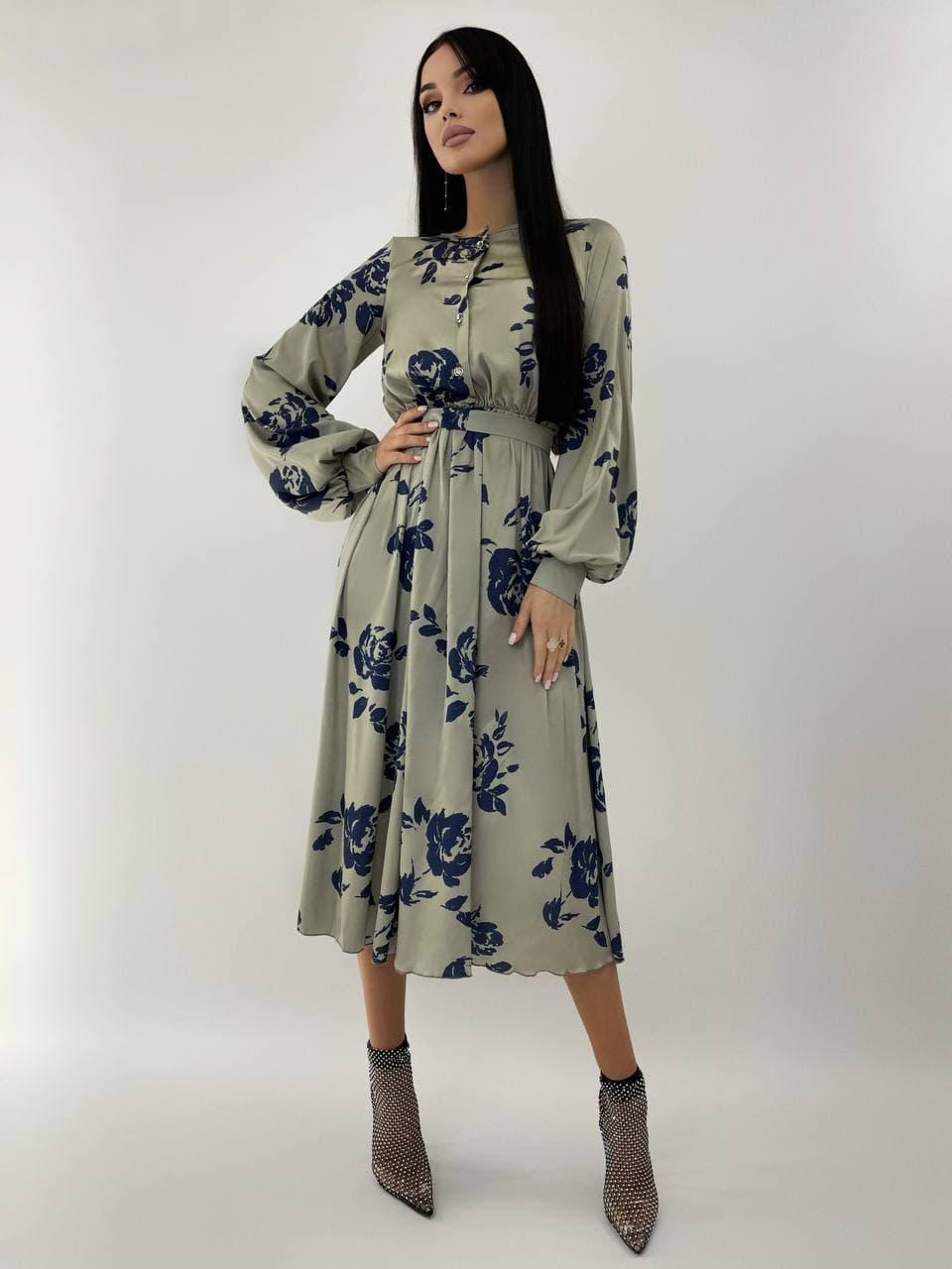 Сукня міді Василіса жіноча ніжна з шовку Армані на ґудзиках з поясом у квітковий принт Smf6496