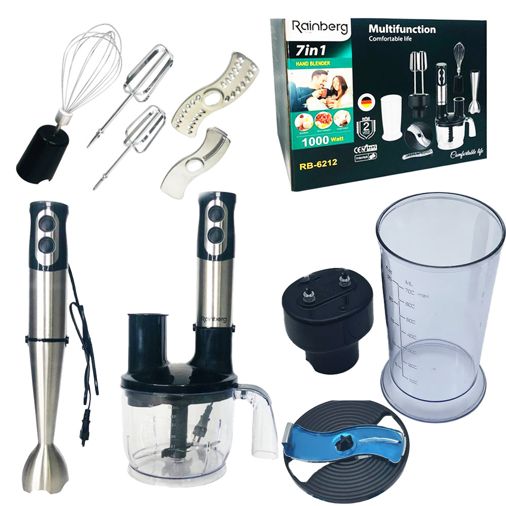 Блендер подрібнювач ручний погружний кавомолка з чашею Rainberg RB-6212 7в1 1000 Вт багатофункціональний, фото 1