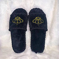 Женские тапочки велюр с вышивкой Короны черные открытые Велюровые тапочки, размеры 36-41, 23-26 см