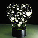 3D Світильник I LOVE YOU, у формі сердець. 1 світильник - 16 кольорів світла подарунок на 8 березня), фото 2