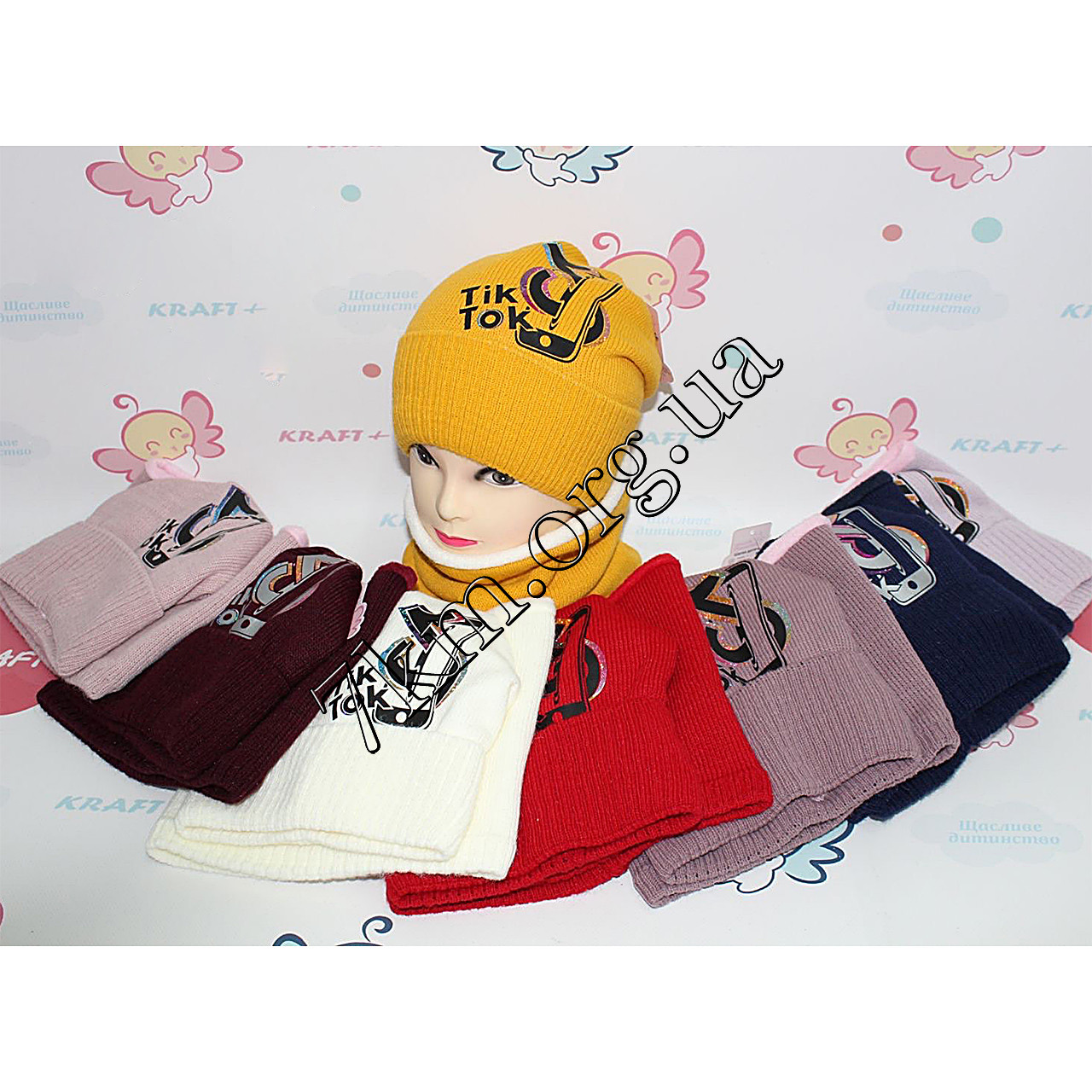 Набір дитячий в'язка +фліс шапка і хомут для дівчаток 52-54 "TT" Оптом 2501-K, фото 1