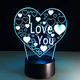 1 Світильник -16 кольорів світла! 3D світильники лампи, I LOVE YOU, пульт управління. Подарунок коханій, фото 3