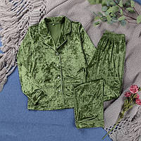 Жіноча піжама тепла велюрова з довгим рукавом. Тепла піжама оксамитова плюшева , р. L (зелена)