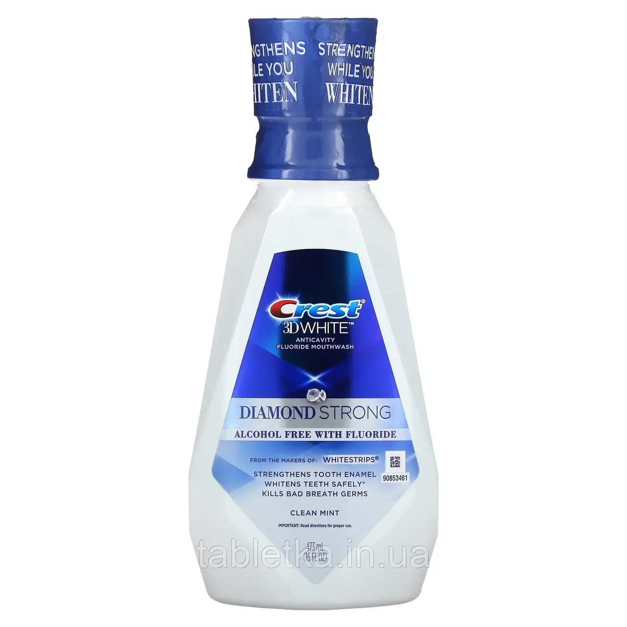 Crest, 3D White, Diamond Strong, ополіскувач для рота з фторидом, без спирту, чиста м'ята, 473 мл (16 рідкий.