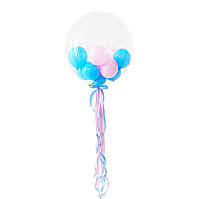 Баббл 20" с голубыми и розовыми шариками, декор атласными лентами
