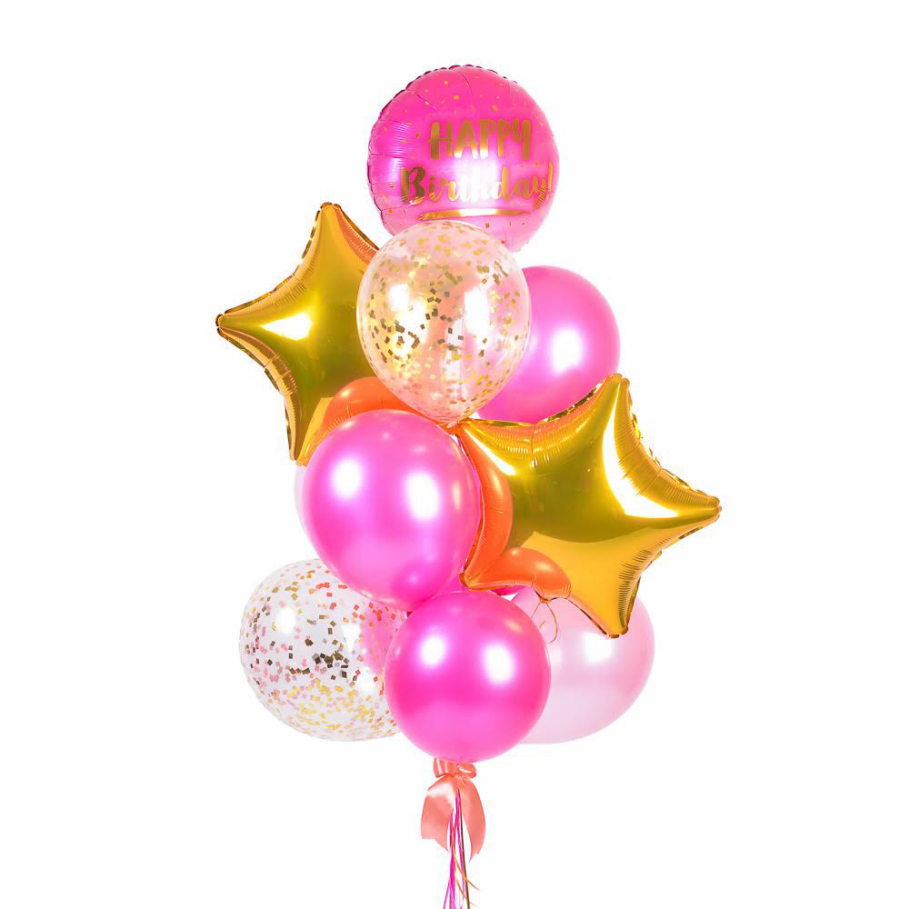 Зв'язка повітряних кульок з рожевим колом "Happy Birthday"