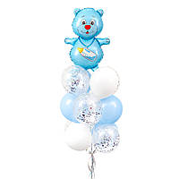 Зв'язка: блакитний ведмедик, 4 білих, 5 блакитних, 5 прозорих куль з срібним конфетті