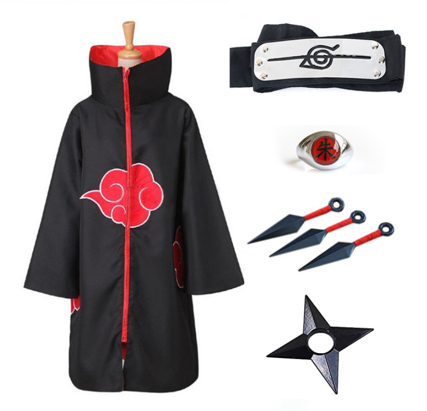 Набір Наруто: Плащ Акацуки (облако) + пов'язка + кунаї + кільце + зірка, фото 1